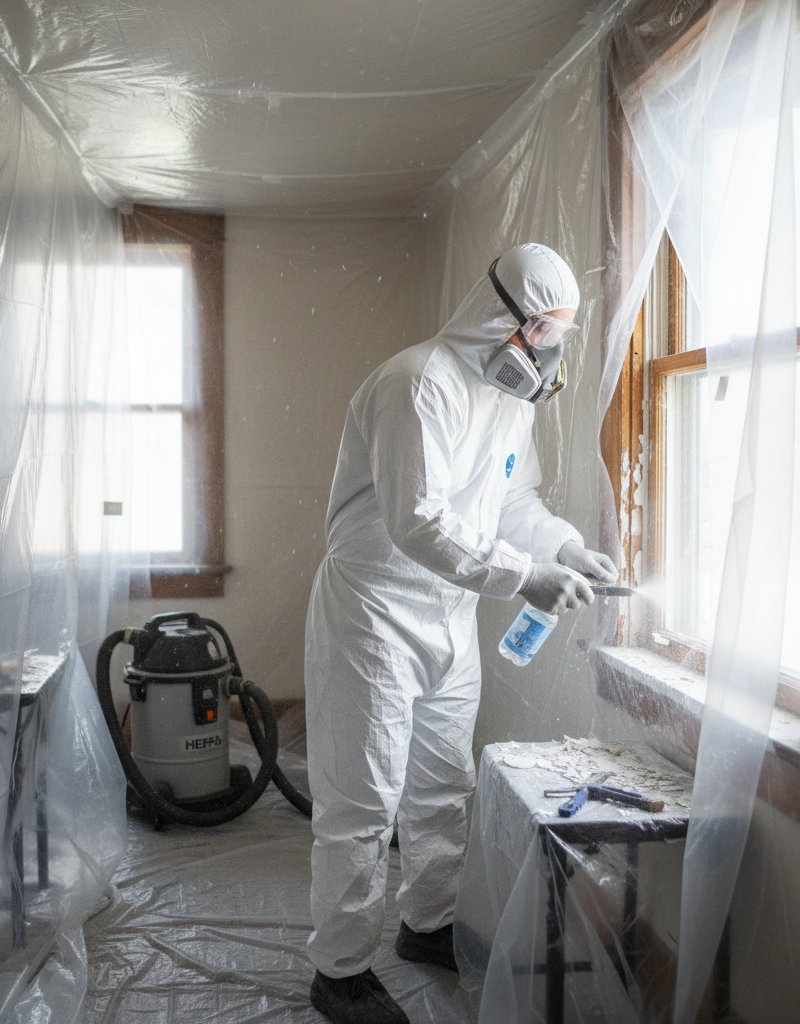 Homeowner in PPE carefully wet-scraping lead paint from a window sill within a plastic-sealed containment area during renovation.