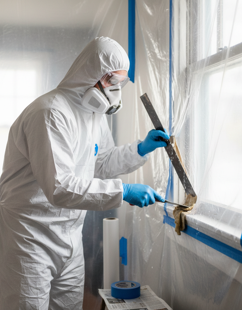 Homeowner in protective gear safely scraping lead paint from a window frame