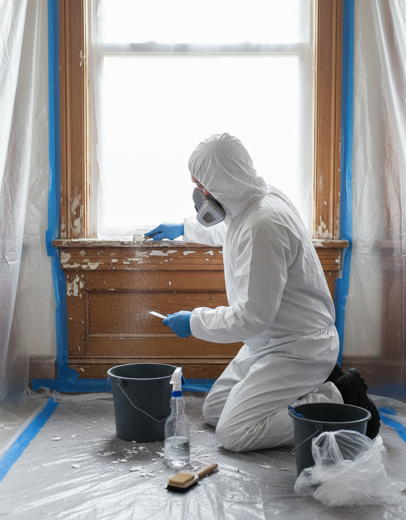 A homeowner wearing a respirator and protective suit carefully scraping old paint from a window frame, demonstrating lead paint safety.