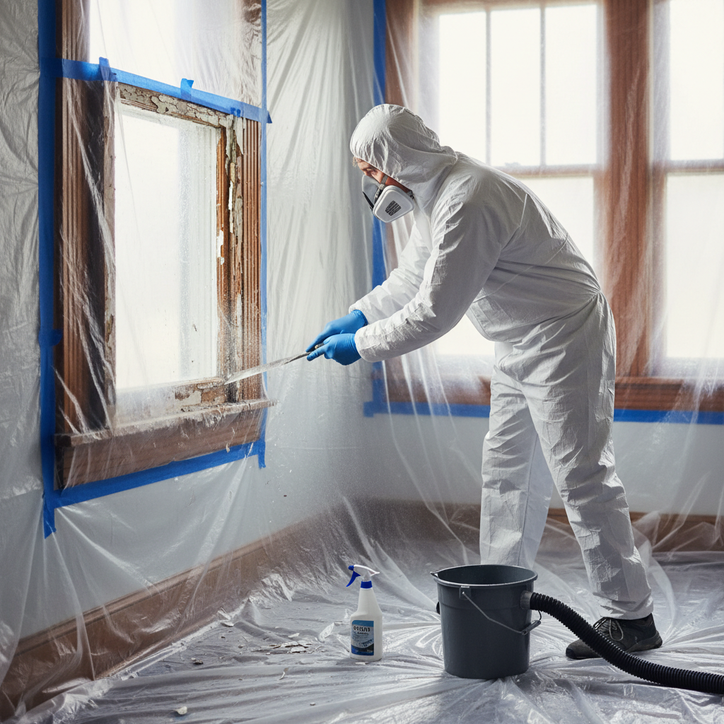 Homeowner safely scraping lead paint with full PPE and containment