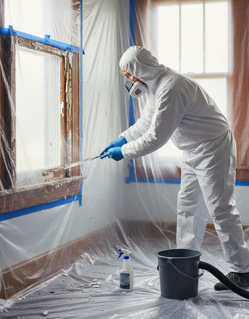 Homeowner safely scraping lead paint with full PPE and containment