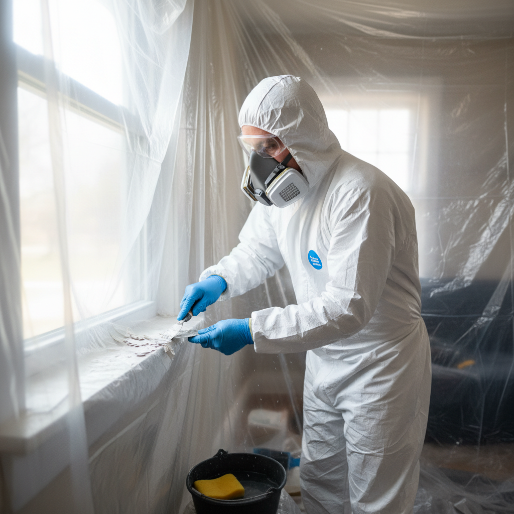 Homeowner in PPE carefully wet-scraping old lead paint from a window sill during renovation.