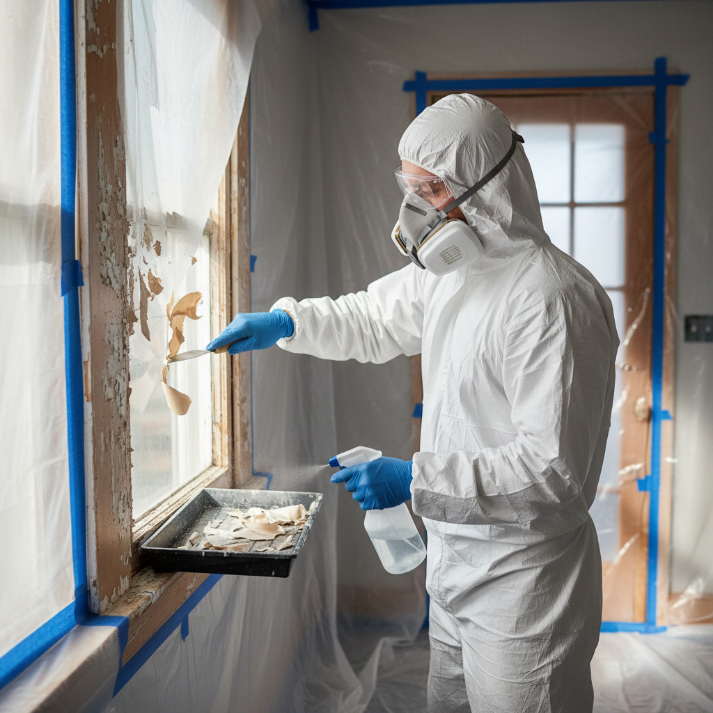 Homeowner in full PPE carefully wet scraping lead paint from a window frame during renovation.