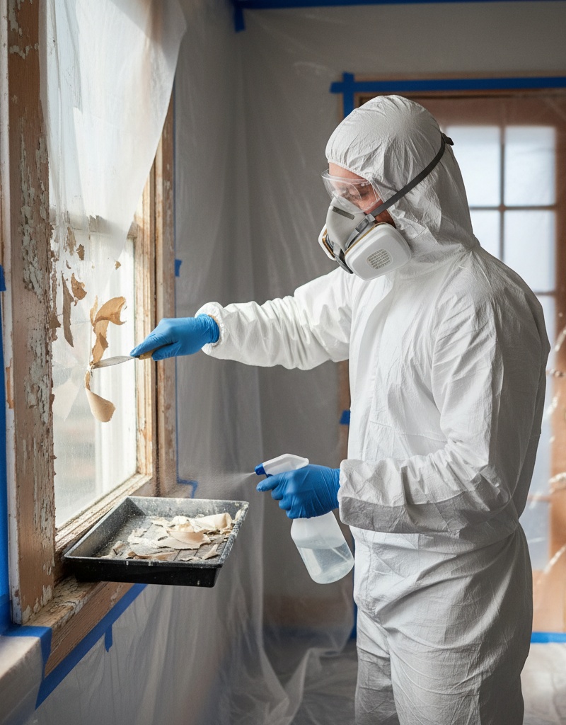 Homeowner in full PPE carefully wet scraping lead paint from a window frame during renovation.