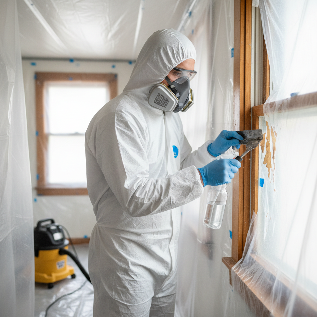 Homeowner in PPE safely removing lead paint during renovation