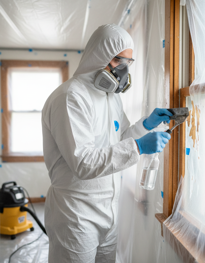 Homeowner in PPE safely removing lead paint during renovation