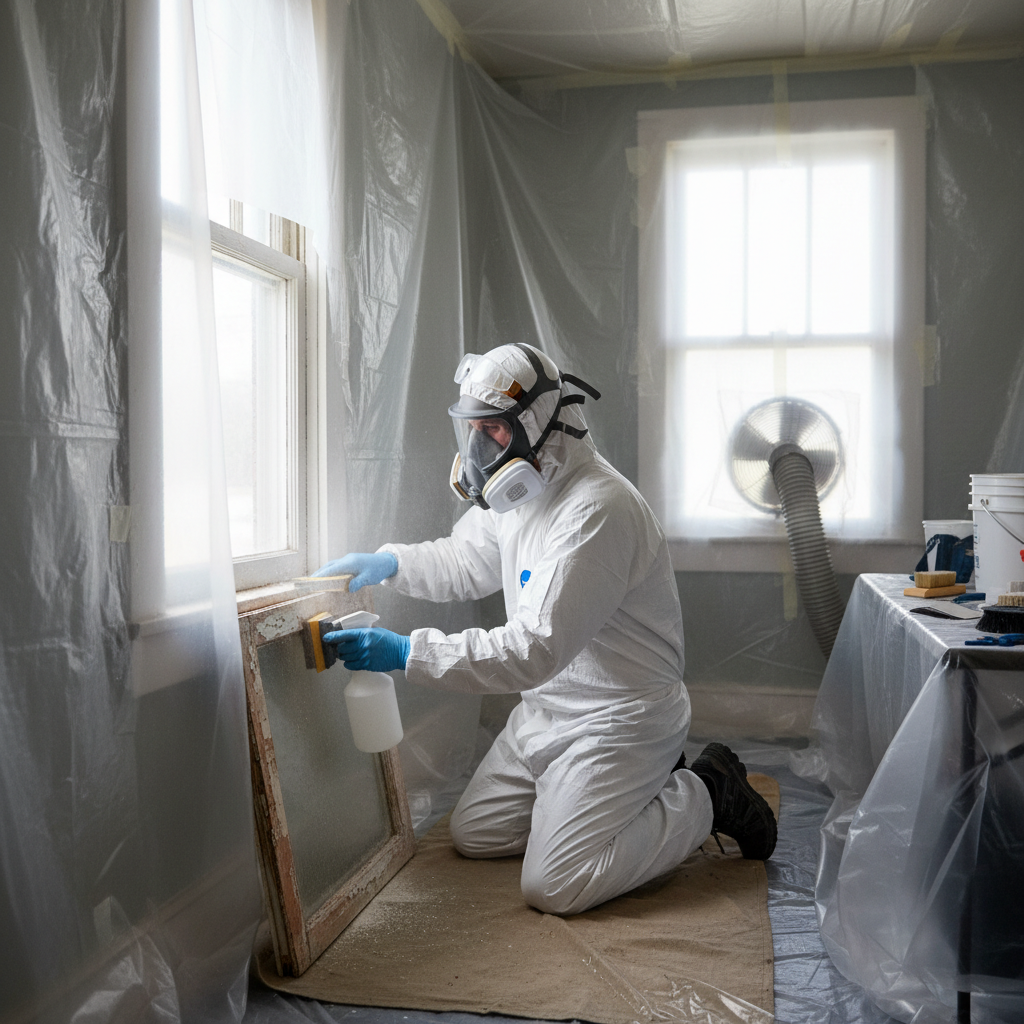 Homeowner in PPE carefully wet-sanding a window frame to remove lead paint safely.