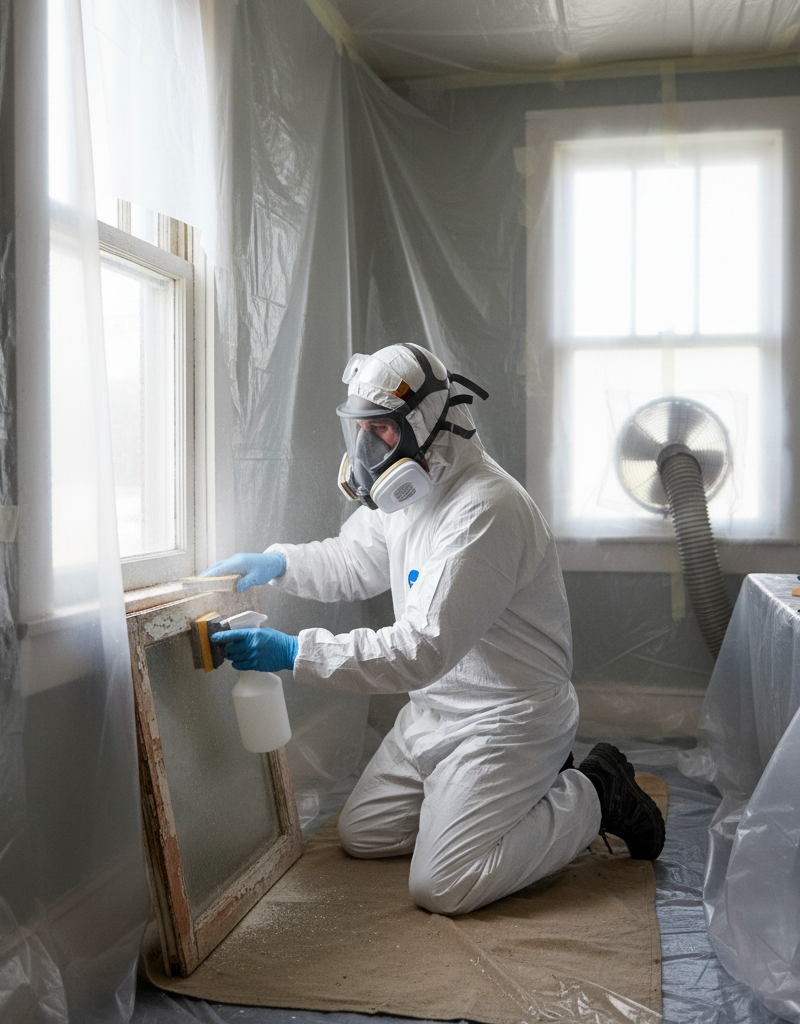 Homeowner in PPE carefully wet-sanding a window frame to remove lead paint safely.