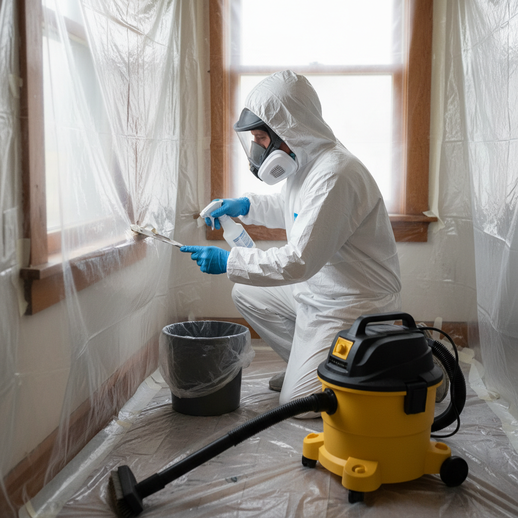 Homeowner in PPE carefully scraping old lead paint from a window sill during renovation.