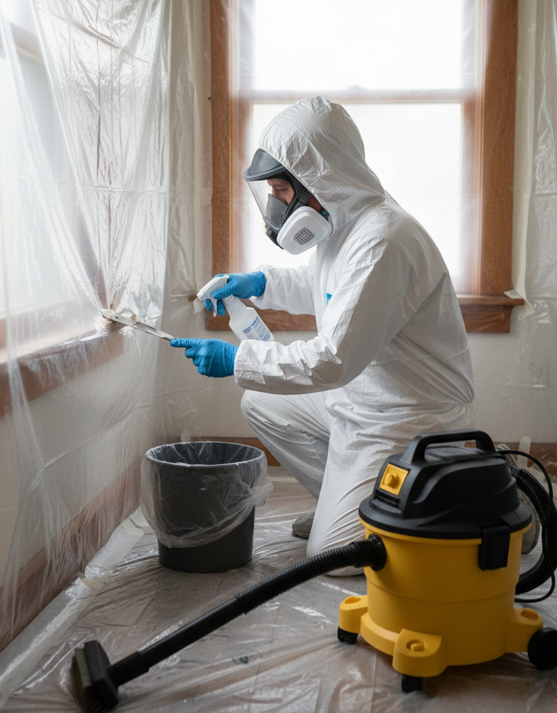Homeowner in PPE carefully scraping old lead paint from a window sill during renovation.