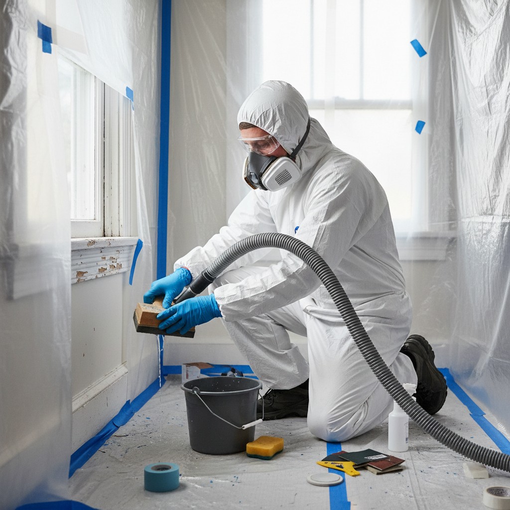 Homeowner in PPE performing lead-safe wet sanding on a window sill during renovation
