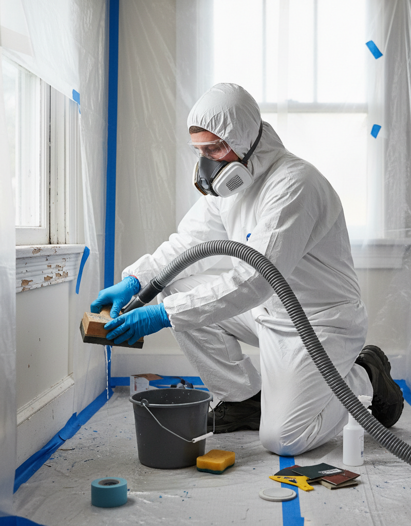 Homeowner in PPE performing lead-safe wet sanding on a window sill during renovation