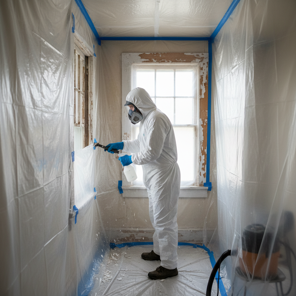 Homeowner in PPE safely wet scraping lead paint from a window frame.