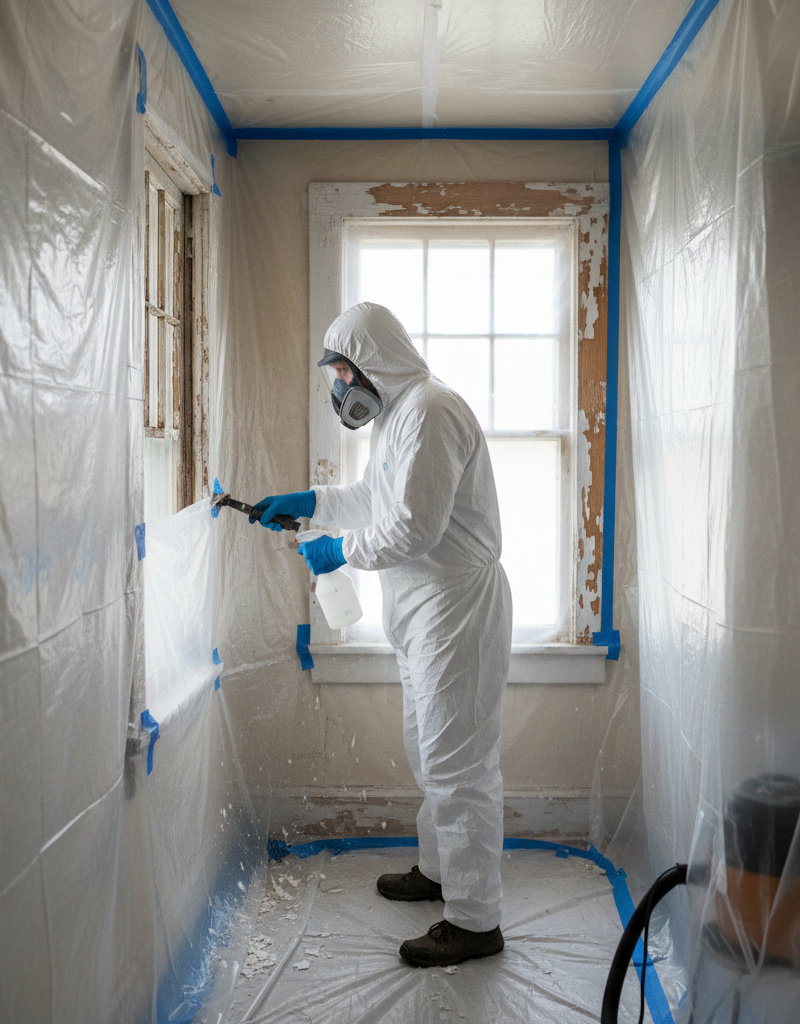 Homeowner in PPE safely wet scraping lead paint from a window frame.