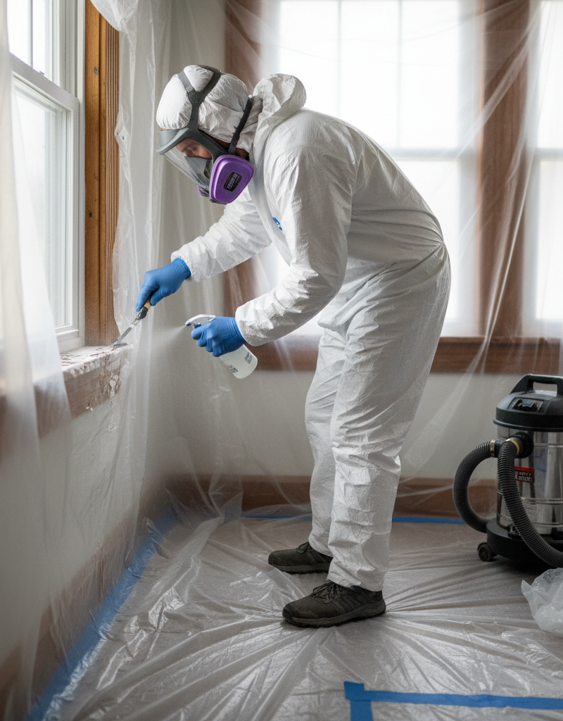 Homeowner in full PPE scraping old lead paint from a window sill with wet method and containment.