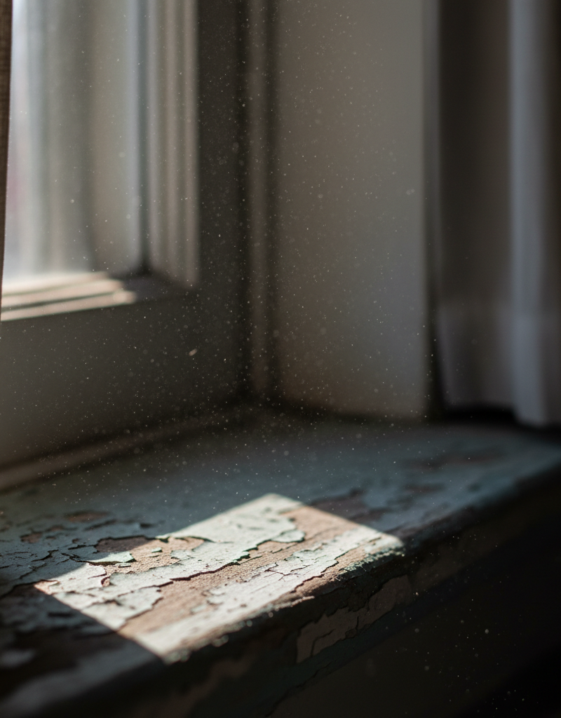 Invisible lead dust particles floating in sunlight on an old windowsill