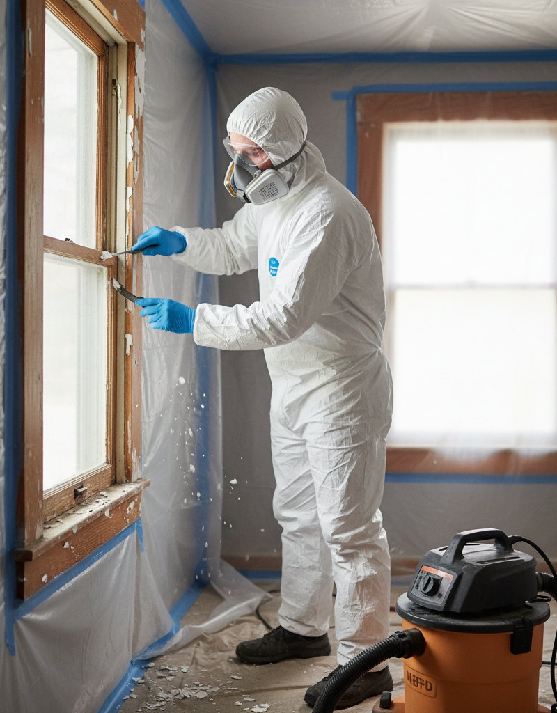 Homeowner in full protective gear scraping lead paint from an old window, room sealed with plastic sheeting.