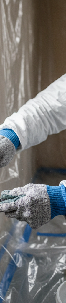 Homeowner in full protective gear wet-scraping lead paint from a window sill