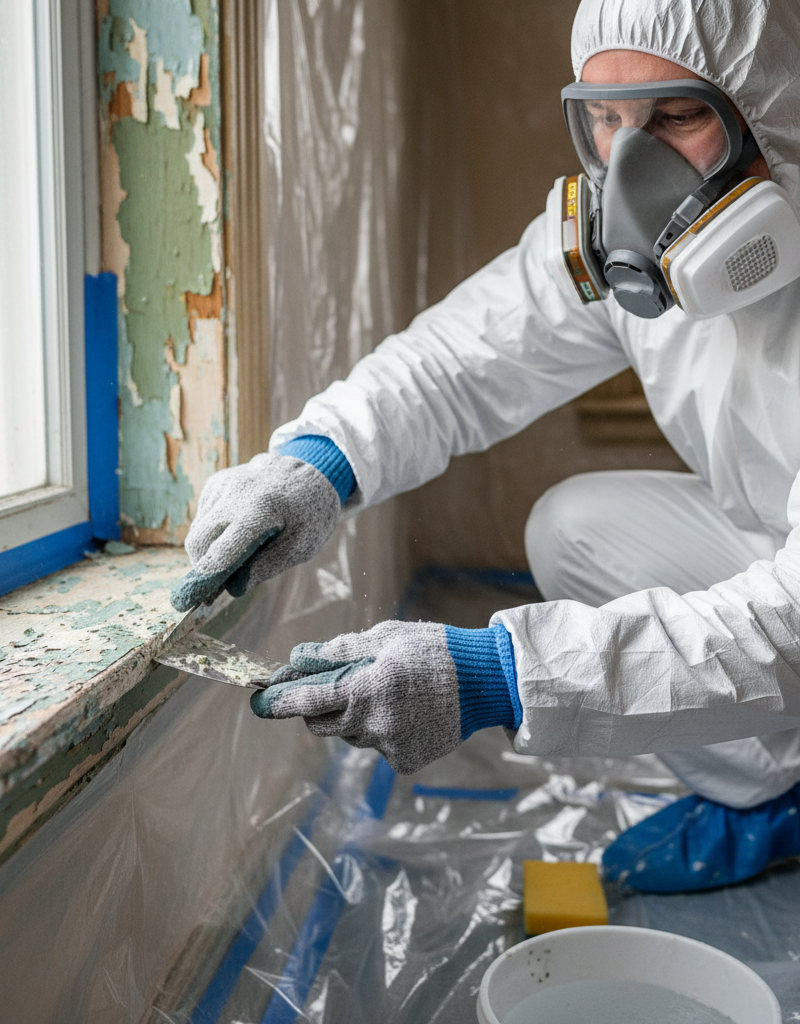 Homeowner in full protective gear wet-scraping lead paint from a window sill