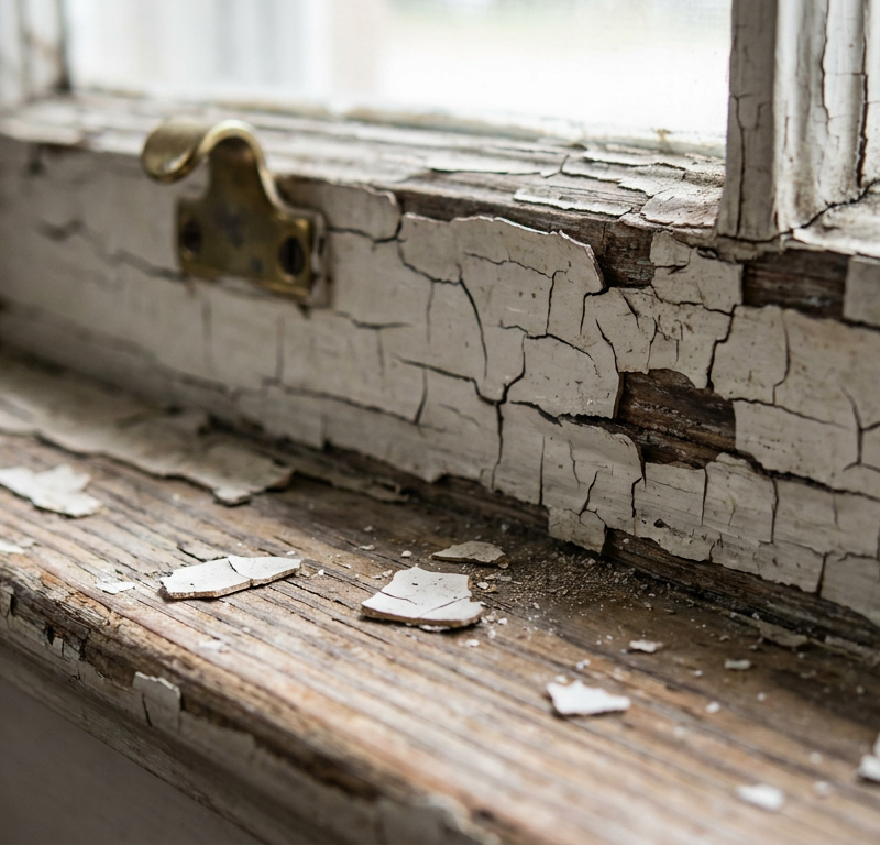 Cracked and peeling white lead paint on an old wooden window sill requiring safe DIY repair.