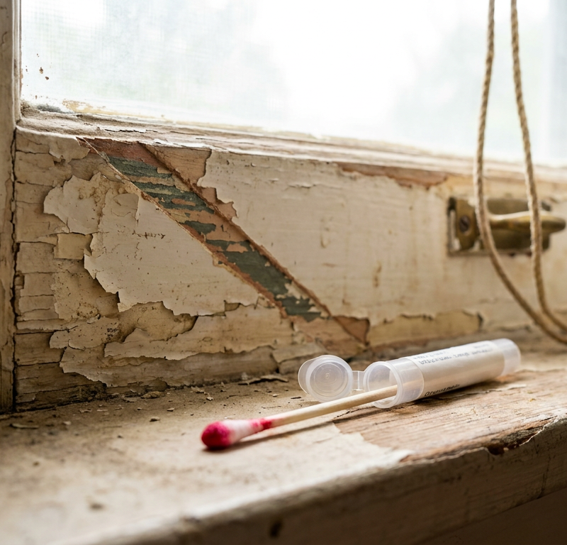 Vintage wooden window frame with peeling white paint and lead safety testing kit nearby