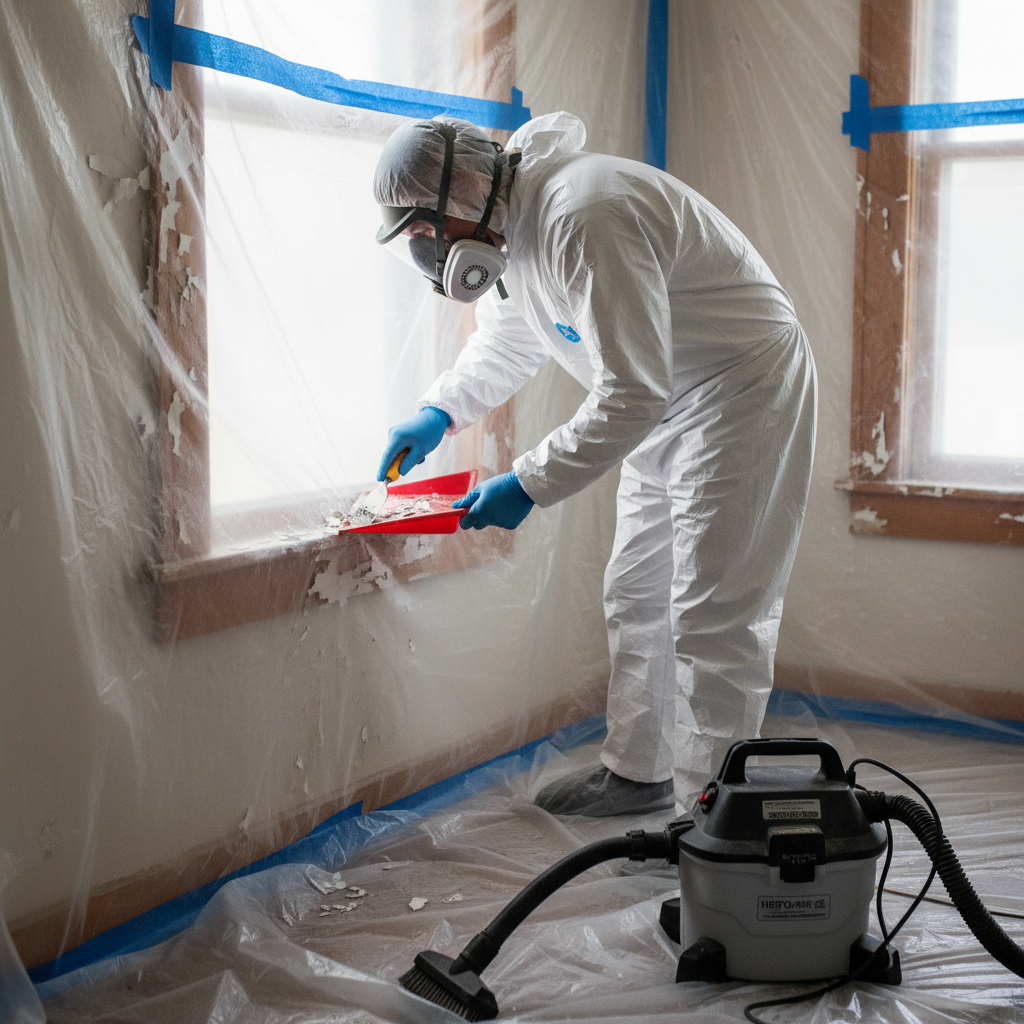 Homeowner in PPE safely scraping lead paint from a window sill during renovation