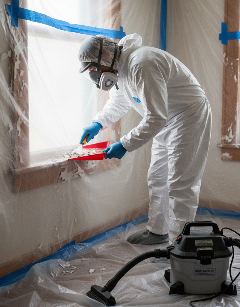 Homeowner in PPE safely scraping lead paint from a window sill during renovation