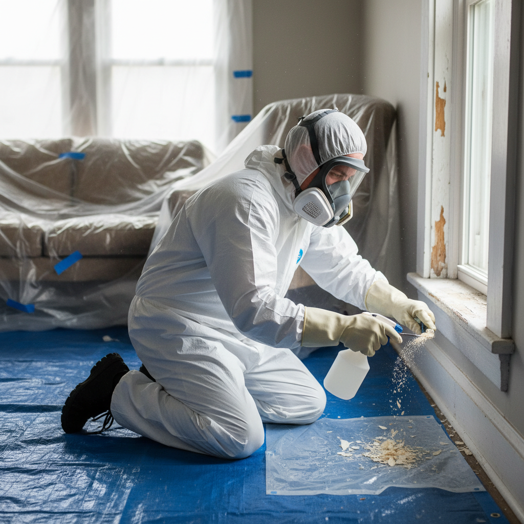 Homeowner in PPE carefully scraping old paint from a window sill, highlighting lead paint safety.