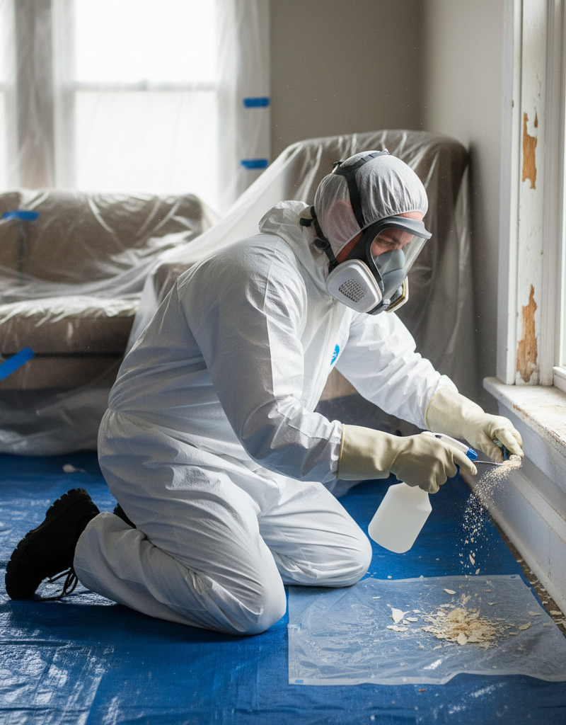 Homeowner in PPE carefully scraping old paint from a window sill, highlighting lead paint safety.