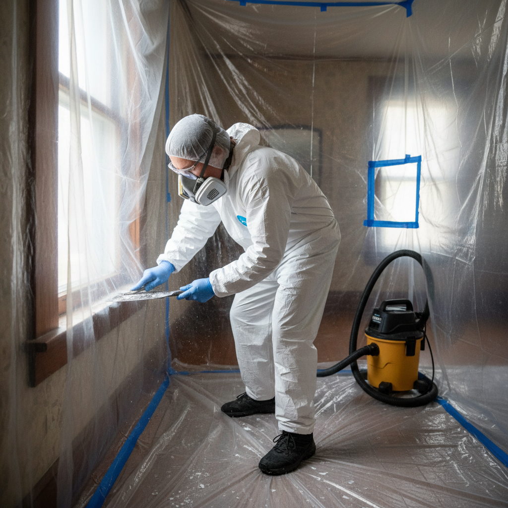 Homeowner wearing mask and gloves, using wet scraping to remove lead paint safely during renovation.