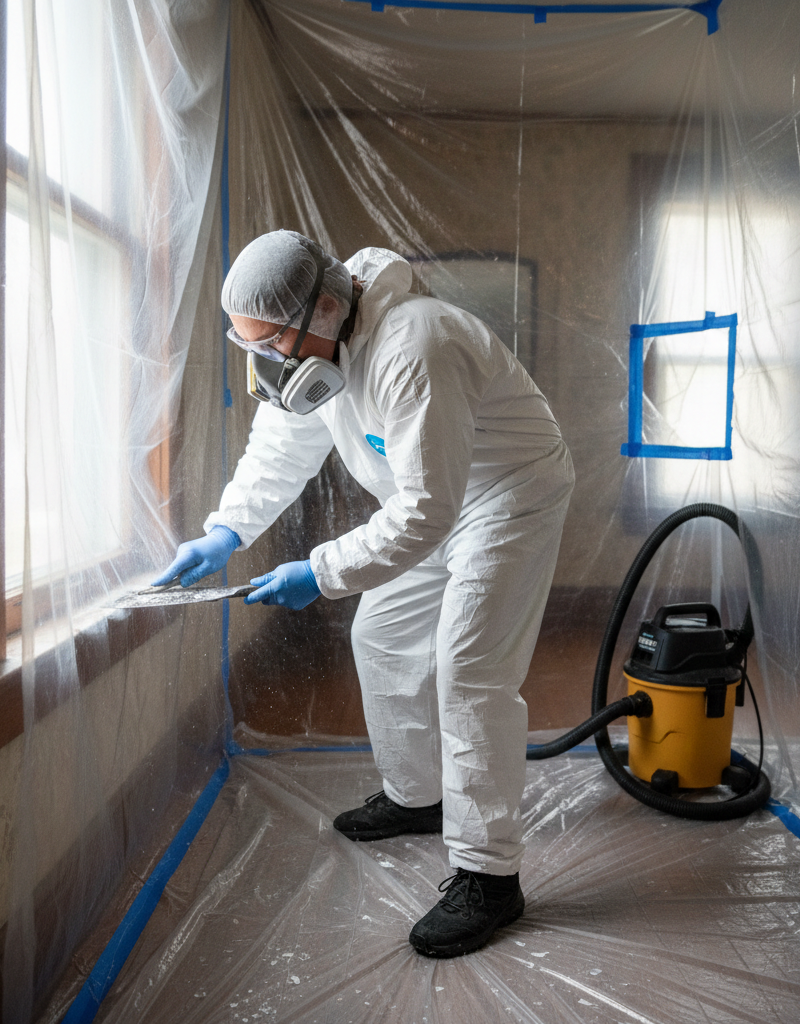 Homeowner wearing mask and gloves, using wet scraping to remove lead paint safely during renovation.