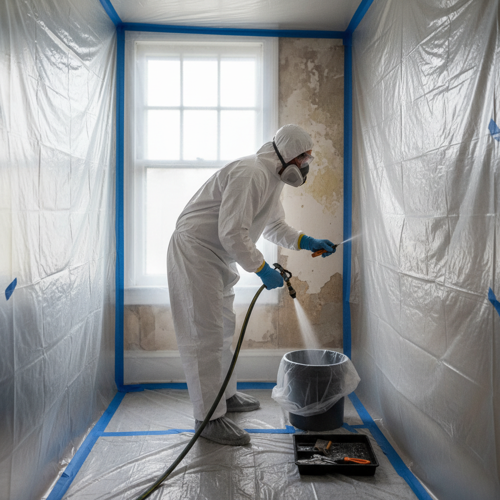 Homeowner in protective gear safely repairing a wall in an old house, demonstrating lead paint safety.