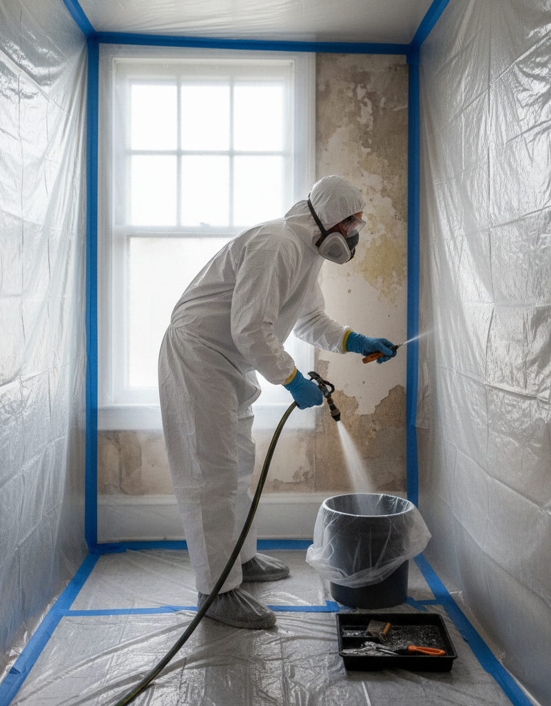 Homeowner in protective gear safely repairing a wall in an old house, demonstrating lead paint safety.