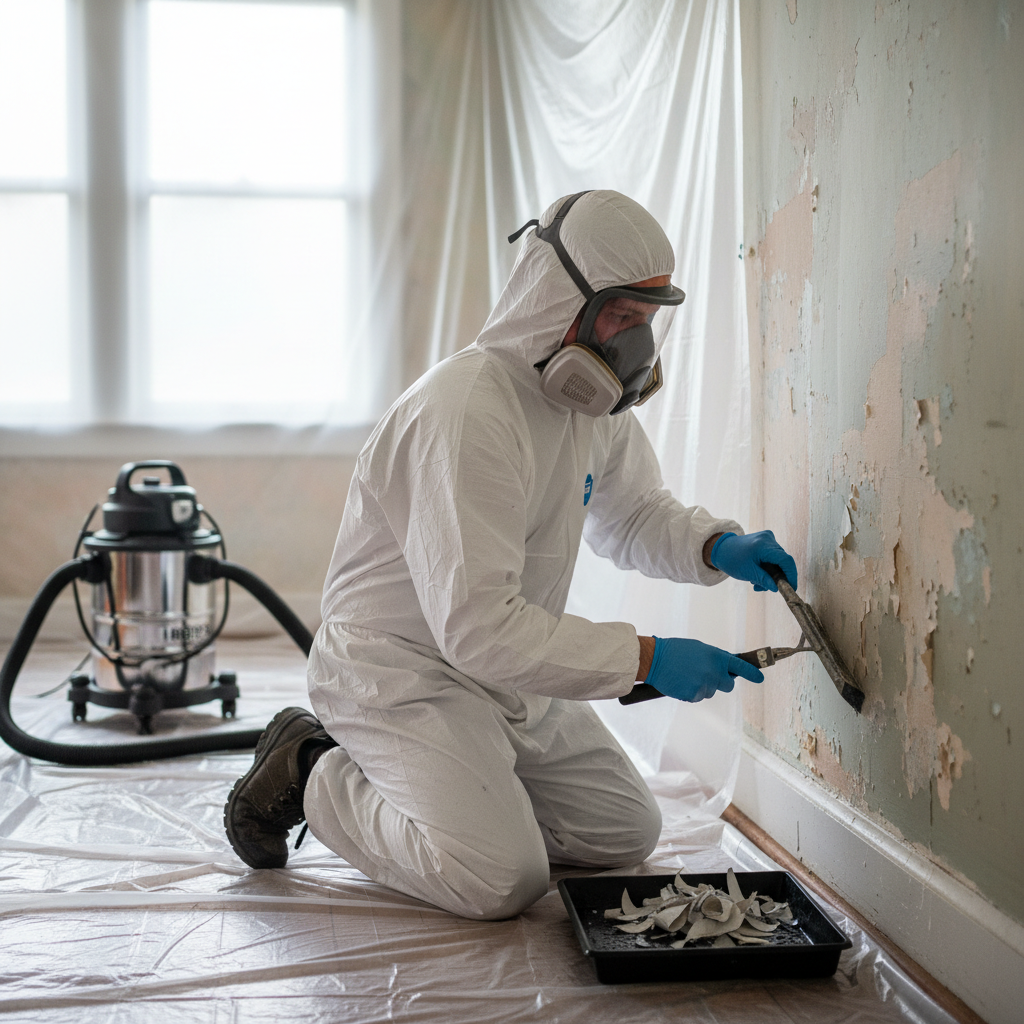 Homeowner safely wet scraping lead paint from a wall in a contained work area.