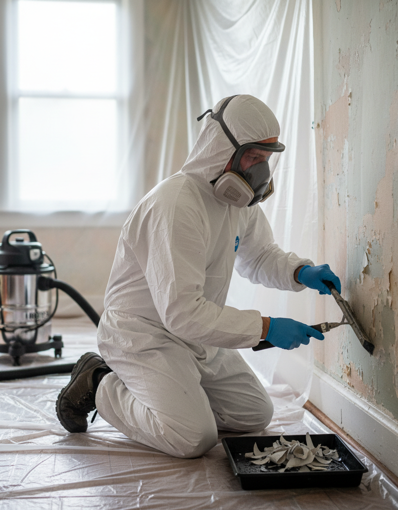 Homeowner safely wet scraping lead paint from a wall in a contained work area.
