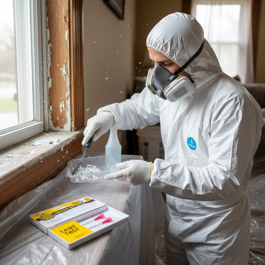 Homeowner in PPE carefully wet-scraping lead paint from a window sill.