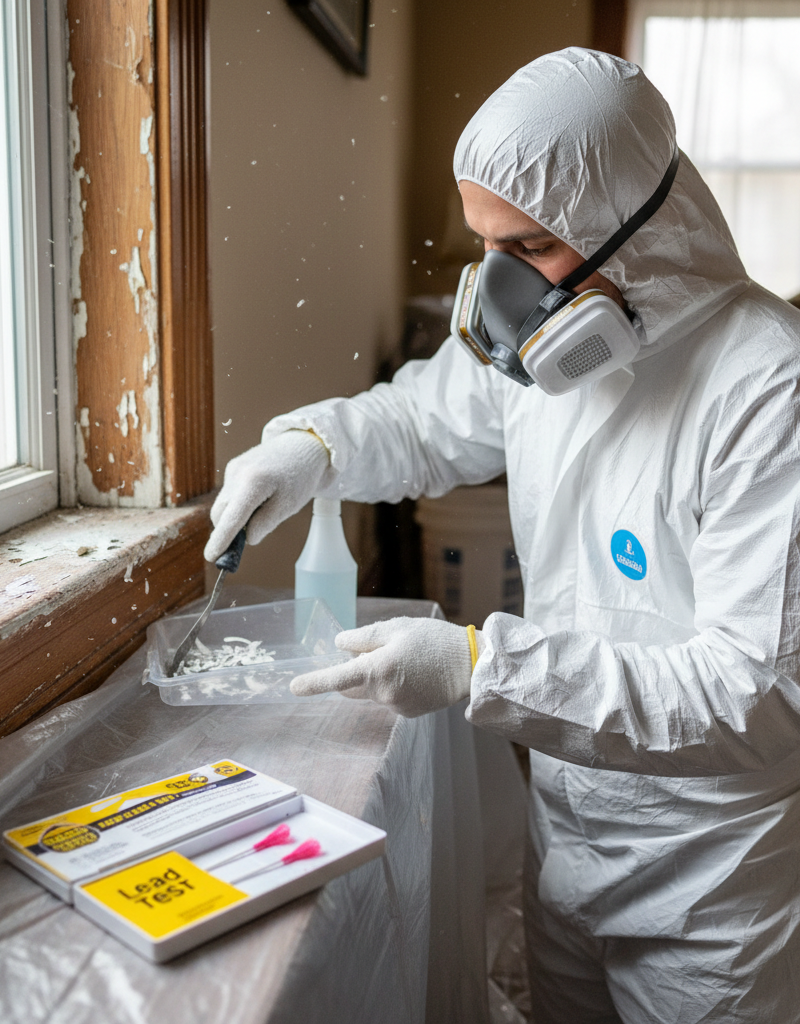 Homeowner in PPE carefully wet-scraping lead paint from a window sill.