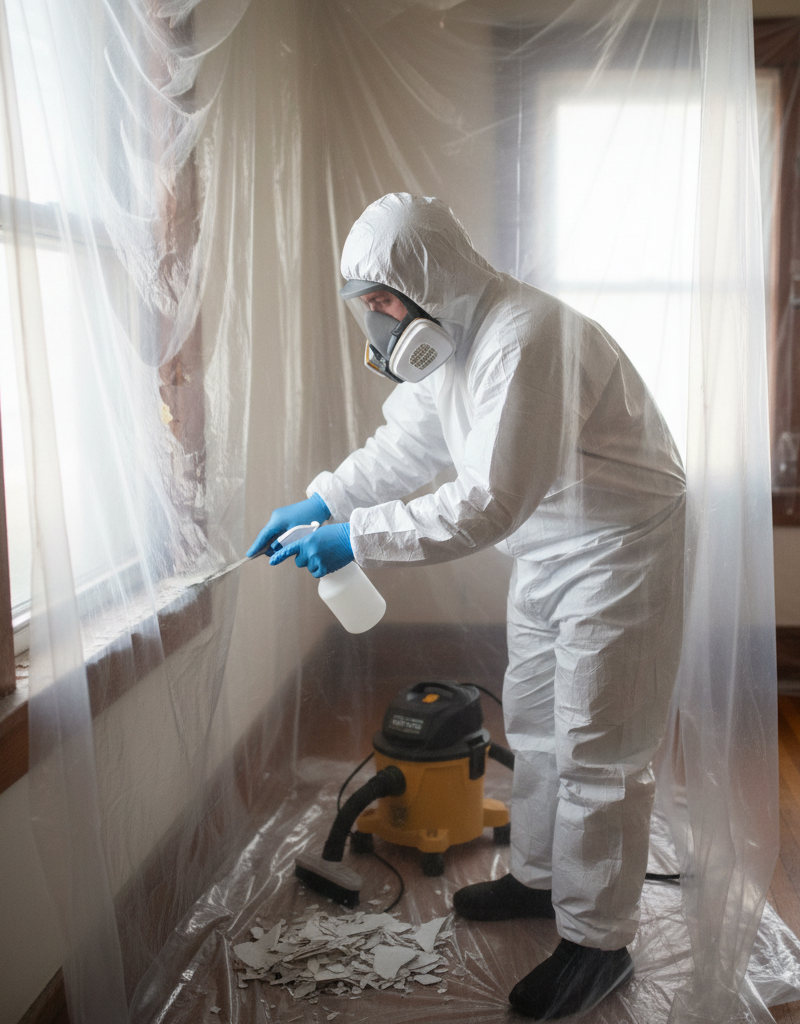 Homeowner in PPE carefully scraping lead paint from a windowsill.