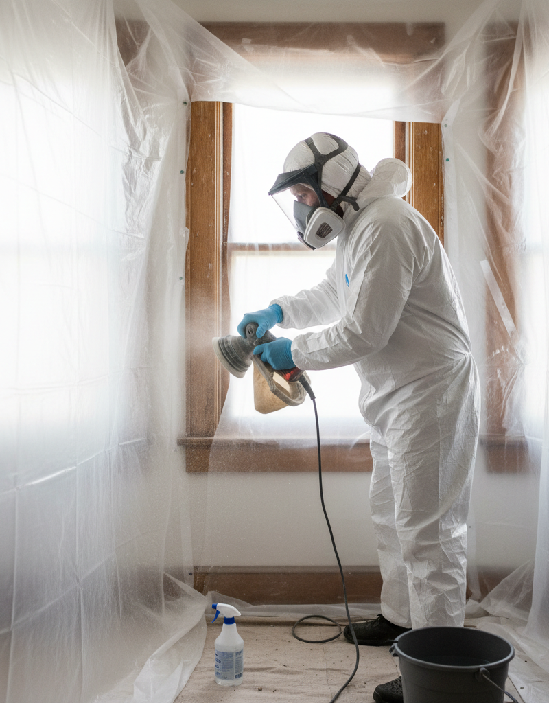 Homeowner safely wet sanding lead paint off a window frame with a respirator and protective gear.