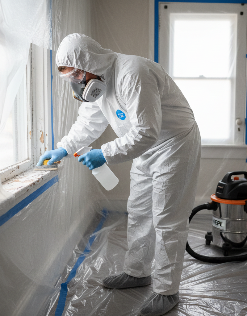 Homeowner in full protective gear wet sanding a lead-painted windowsill