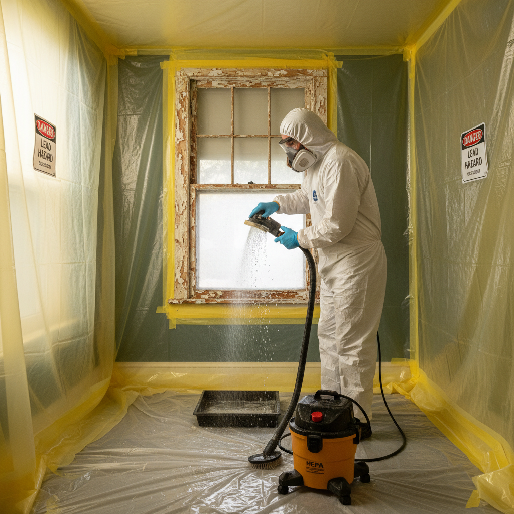 Homeowner in PPE safely wet-sanding lead paint on a window frame, contained by plastic sheeting.