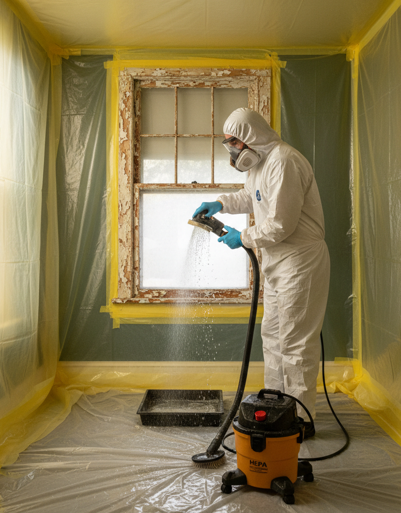 Homeowner in PPE safely wet-sanding lead paint on a window frame, contained by plastic sheeting.