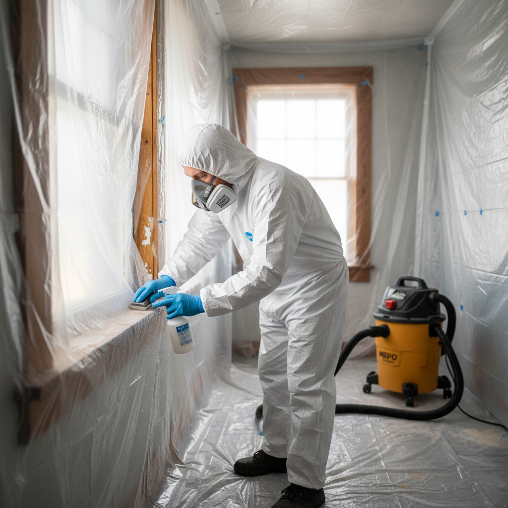 Homeowner in PPE wet-sanding lead paint on a window sill.