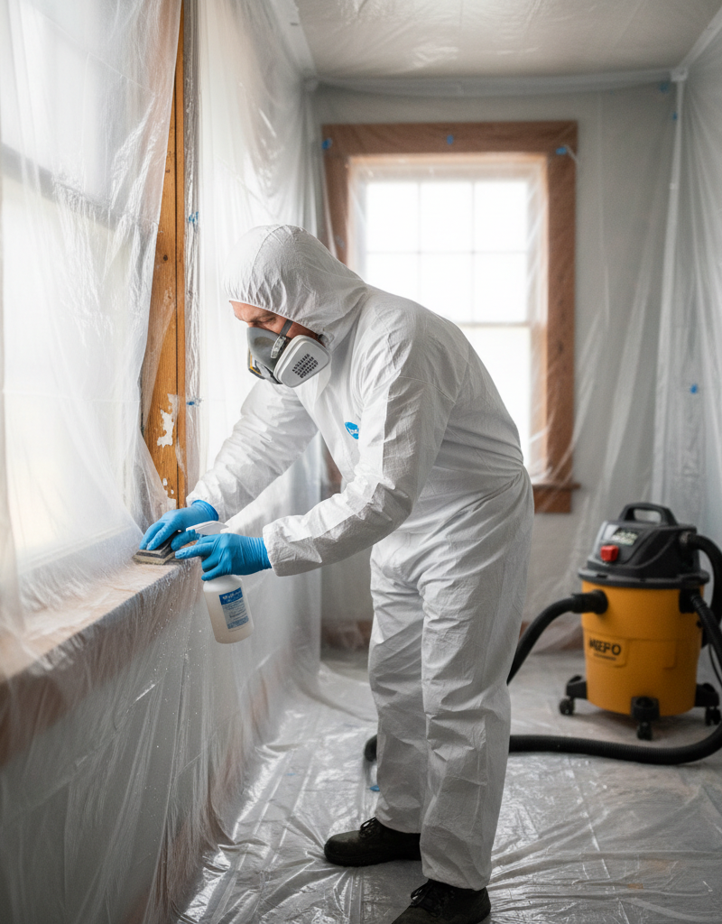 Homeowner in PPE wet-sanding lead paint on a window sill.