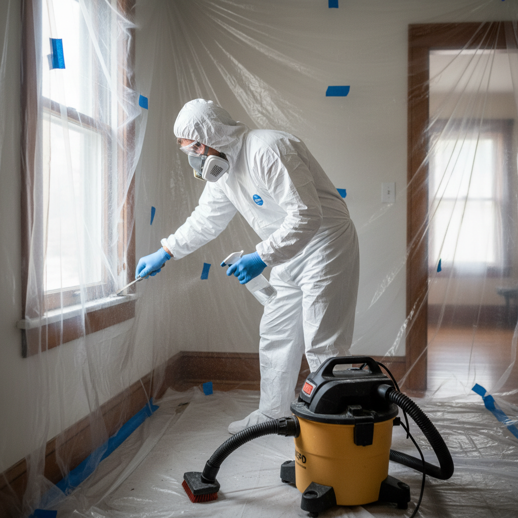 Homeowner in hazmat suit safely scraping lead paint off a window frame