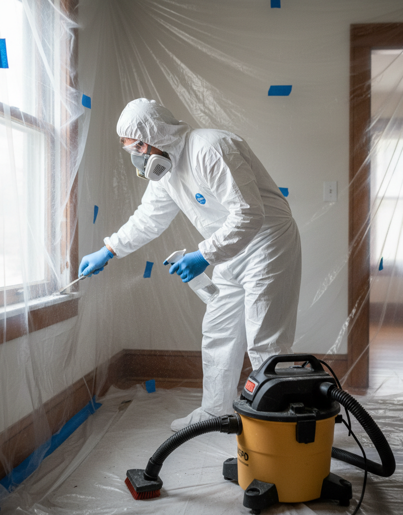 Homeowner in hazmat suit safely scraping lead paint off a window frame