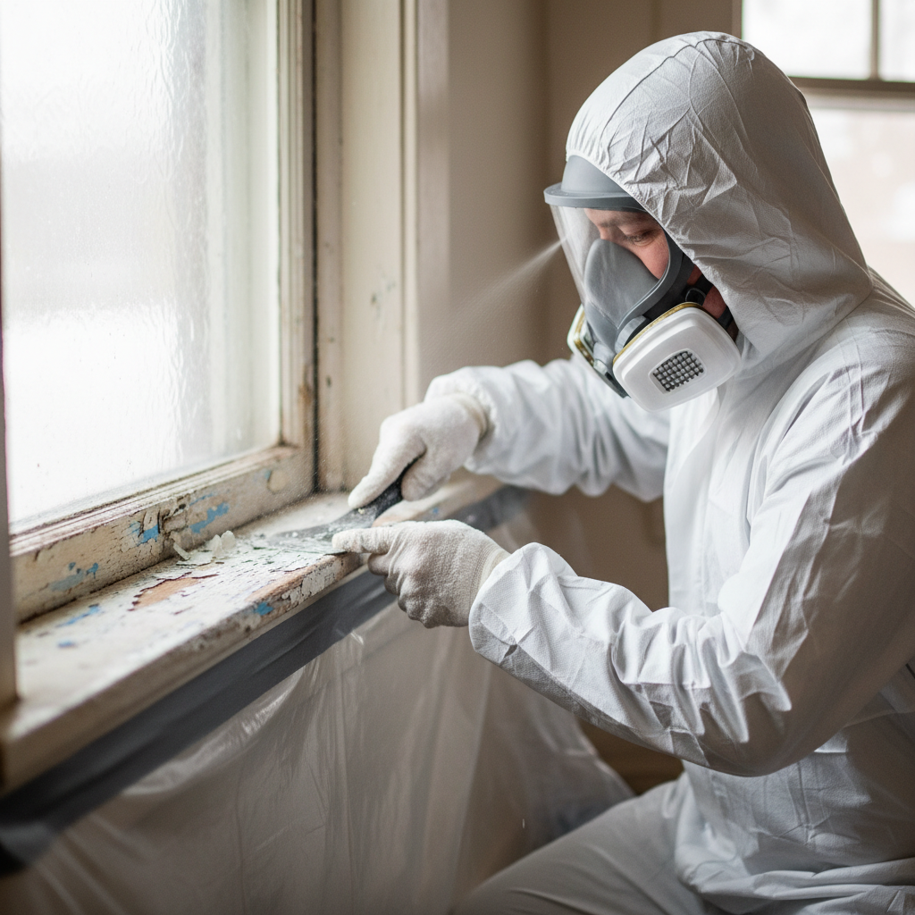 Homeowner in respirator and Tyvek suit safely scraping lead paint from a window sill during renovation.