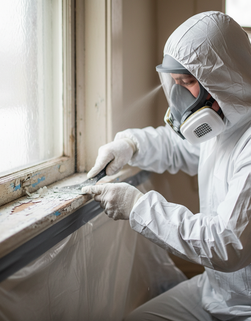 Homeowner in respirator and Tyvek suit safely scraping lead paint from a window sill during renovation.