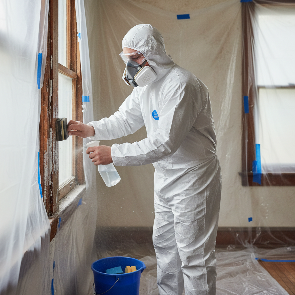 Homeowner safely wet-sanding lead paint from an old window frame.