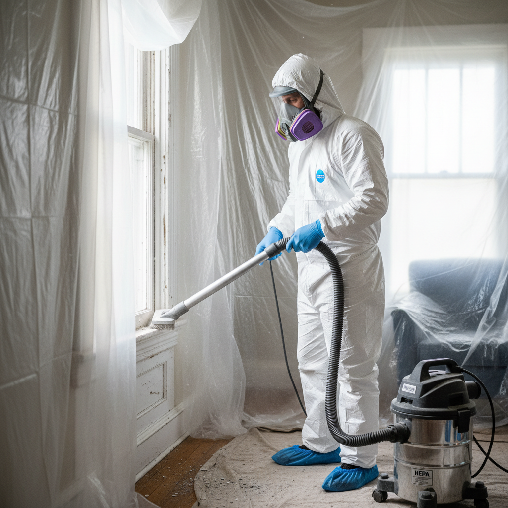 Homeowner in PPE using a HEPA vacuum for lead paint dust cleanup